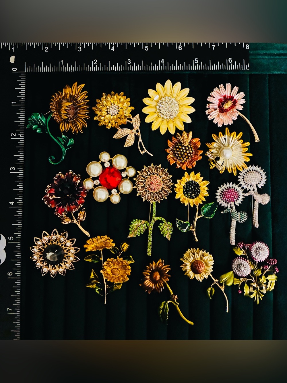 Lot of 17 Sunflower Daisy Flower Brooches Statement Crystal Enamel Pin Set